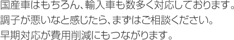 国産車はもちろん、輸入車も数多く対応しております